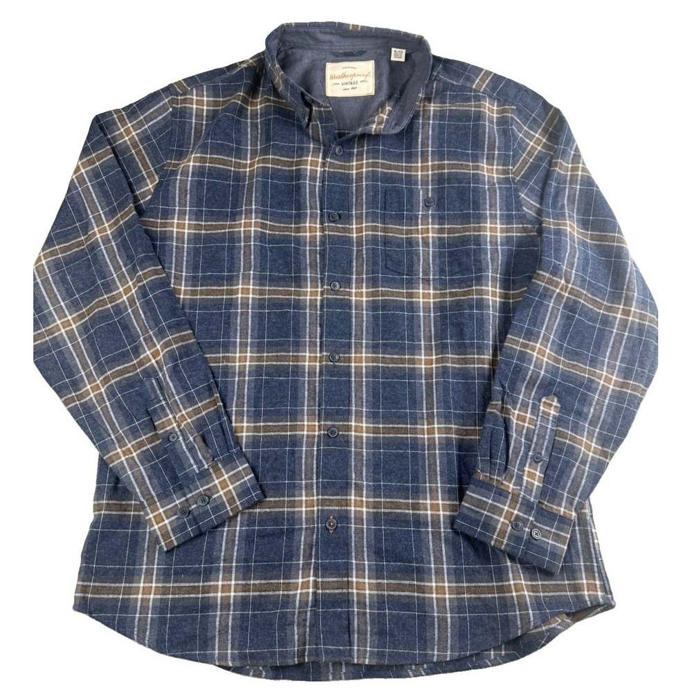 Weatherproof Vintage Men's XL Blue Brown Plaid Flannel Button Front Shirt Cotton